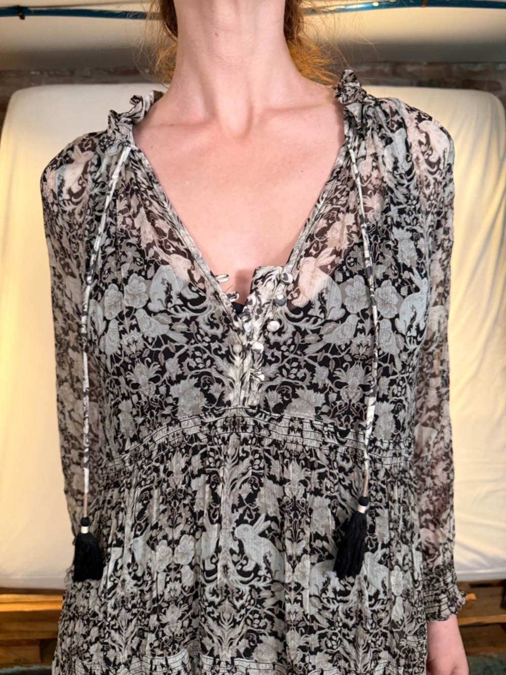 Black & White Floral Long-Sleeve Maxi Dress